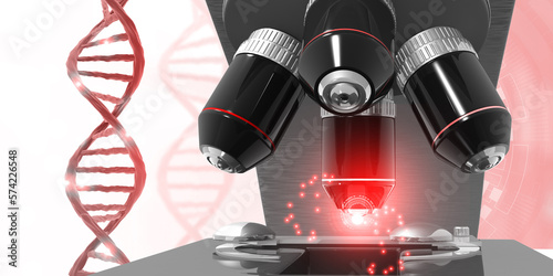 Microscope and DNA. reseach laboratory, Scientific background. 3d digital illustration. photo