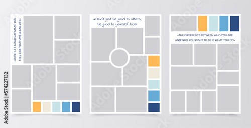 Photo collage. Mood board template. Moodboard background. Mosaic pictures album grid. Scrapbook images layout. Set photomontage frames. Poster design with colour palette and quote. Vector illustration