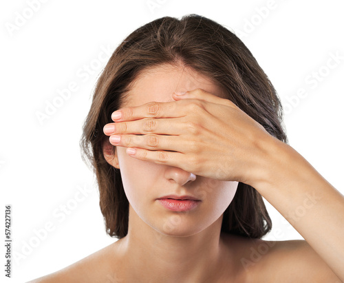 A young scared woman covering eyes with hands