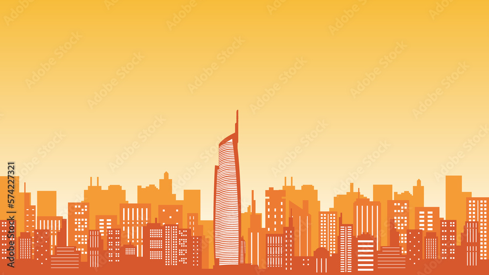 Vector silhouette of early morning city buildings with shadow of tall buildings around almas tower