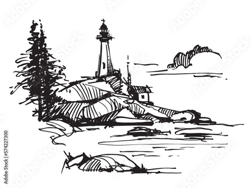 Line drawing of a lighthouse. Architectural sketch. Vector illustration. Lighthouse near the sea. Nautical Landscape
