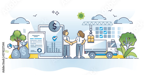 Procurement deal with suppliers for best product price outline concept. Planning shipping logistics for supply chain process vector illustration. Negotiation agreement for profitable retail price.