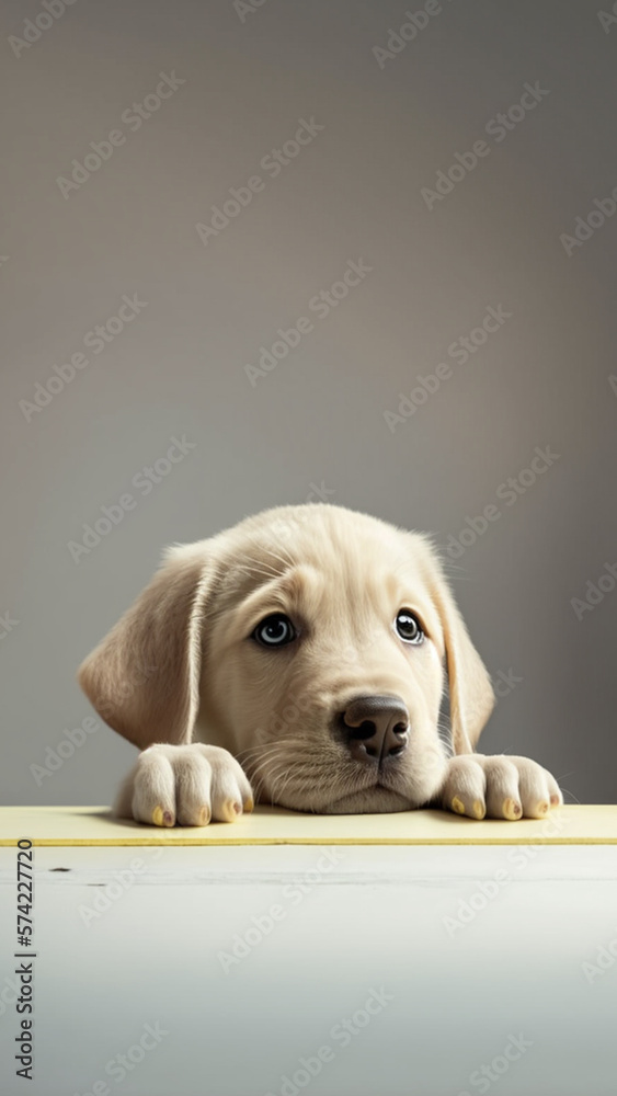 A cute labrador retriever peering over a table with large empty background. generative ai