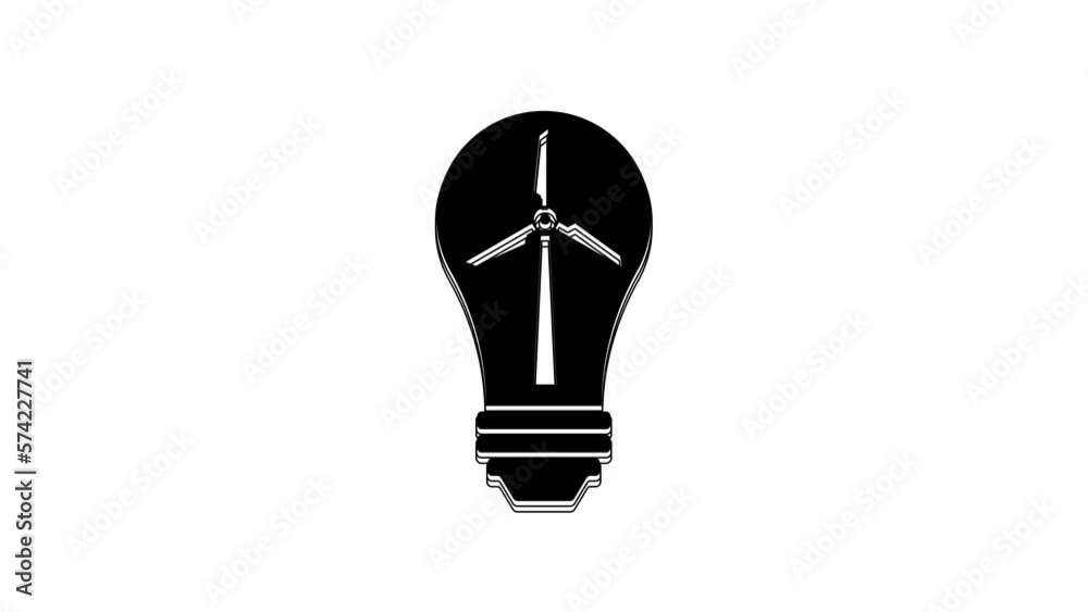 Black Light bulb with wind turbine as idea of eco friendly source of energy icon isolated on white background. Alternative energy concept. 4K Video motion graphic animation Black Light bulb with wind turbine as idea of eco friendly source of energy icon isolated on white background. Alternative energy concept. 4K Video motion graphic animation