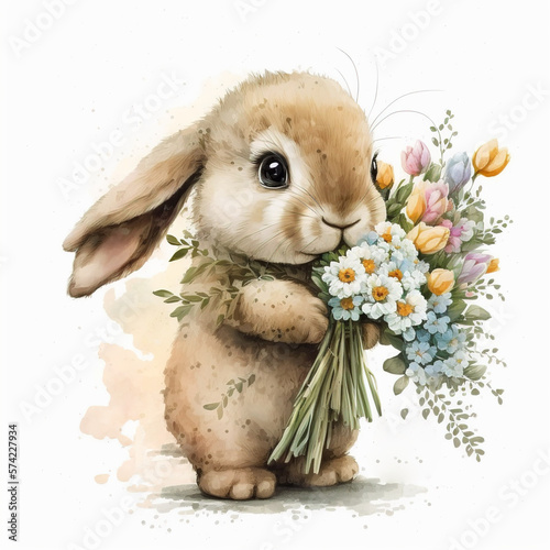 Adorable Bunny Holding a Bouquet. Generative AI