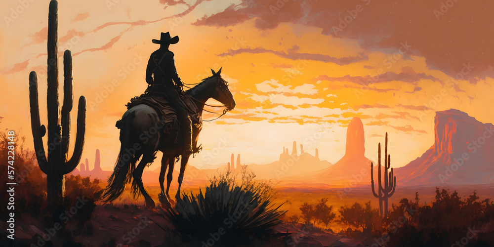 Wild West Sunset. Desert Landscape. Cowboy Rider - Illustration generativ ai 