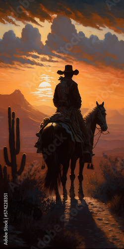 Wild West Sunset. Desert Landscape. Cowboy Rider - Illustration generativ ai 
