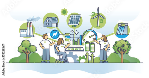 Fototapeta Naklejka Na Ścianę i Meble -  Smart grid station with renewable and green electricity power outline concept. Distributed network with solar panels, wind turbines or hydro power units vector illustration. Sustainable system control