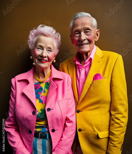 Altes Senioren Ehepaar mit farbenfroher hipper Kleidung - Thema jung bleiben, Altersvorsorge oder Rente - Generative AI Illustration photo