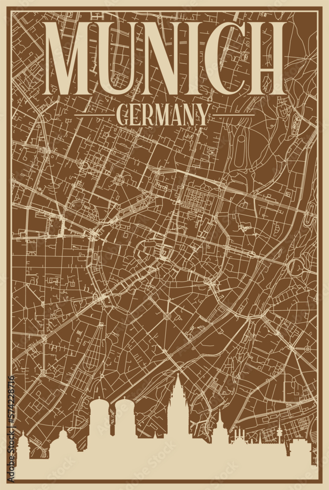 Brown hand-drawn framed poster of the downtown MUNICH, GERMANY with highlighted vintage city skyline and lettering Brown hand-drawn framed poster of the downtown MUNICH, GERMANY with highlighted vintage city skyline and lettering
