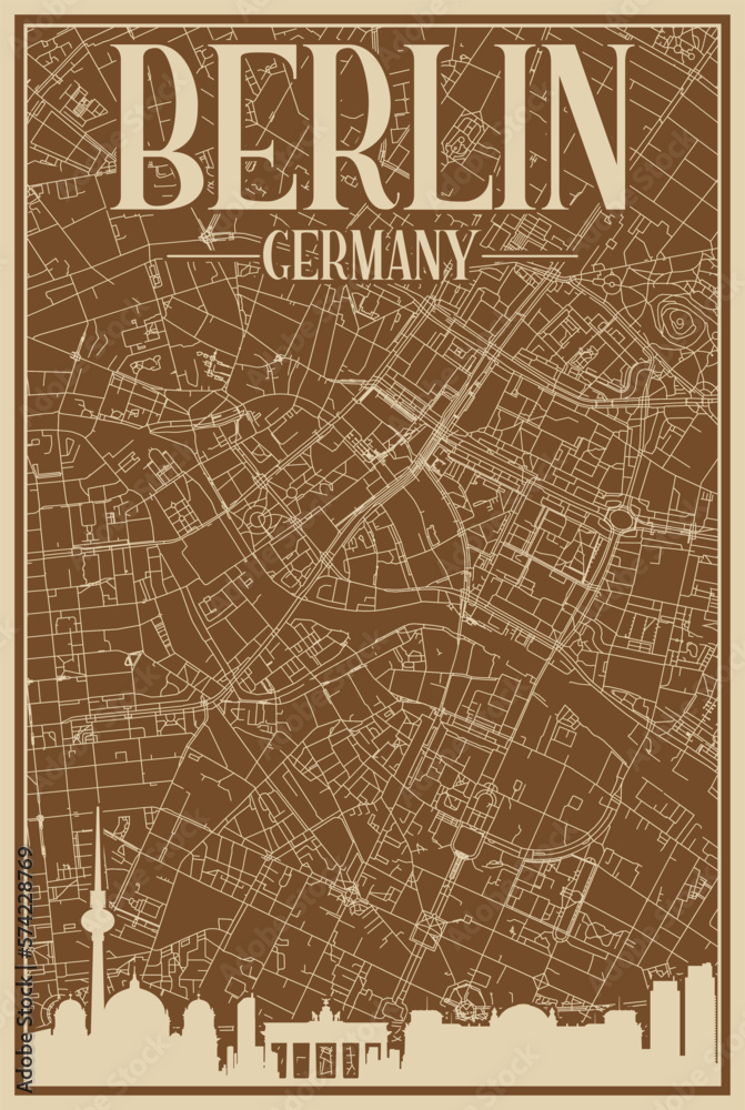 Brown hand-drawn framed poster of the downtown BERLIN, GERMANY with highlighted vintage city skyline and lettering Brown hand-drawn framed poster of the downtown BERLIN, GERMANY with highlighted vintage city skyline and lettering