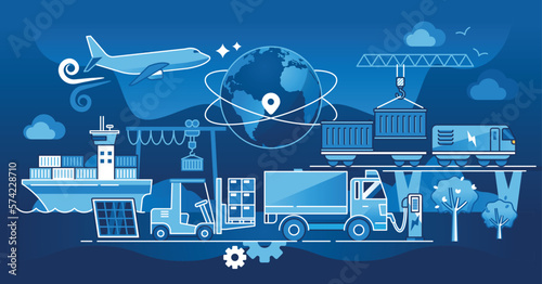 Green transport logistics and nature friendly cargo shipping outline concept. Ecological and sustainable power source or alternative fuel for transportation to deliver shipment vector illustration.