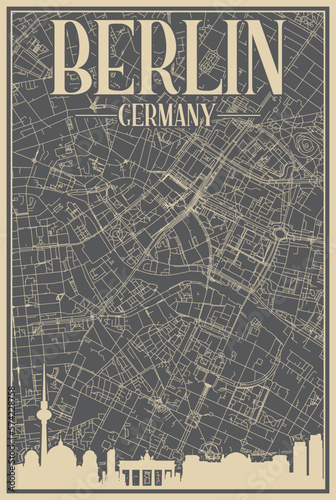Photography Grey hand-drawn framed poster of the downtown BERLIN, GERMANY with highlighted v
