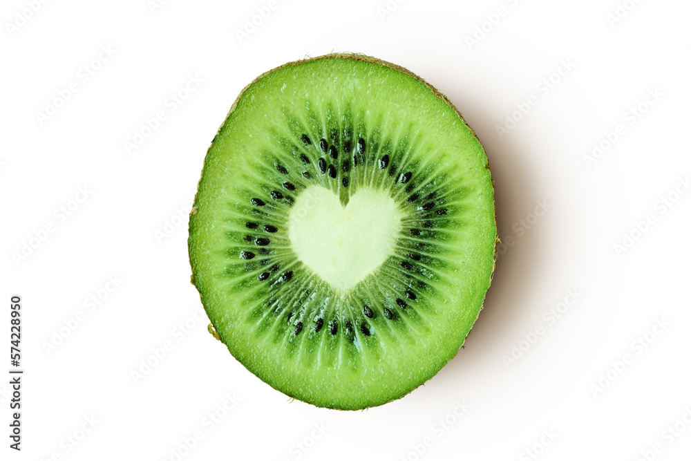 Heart shaped kiwi on white background - Kiwi is good for heart health Heart shaped kiwi on white background - Kiwi is good for heart health