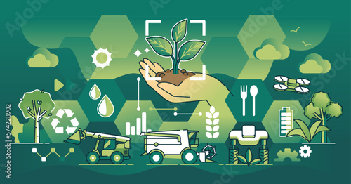 Sustainable agriculture and efficient harvesting using tech outline concept. Ecological resources consumption with effective soil and grain monitoring vector illustration. Modern and smart farming.