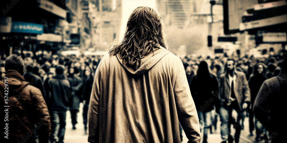 Fototapeta premium Jesus walking in a modern city with back view among the crowds. Generative AI illustration