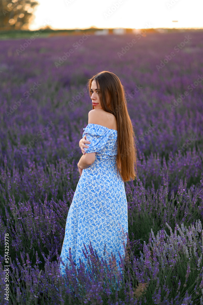 Attractive slender happy girl in a blue dress in a lavender field at sunset. Attractive slender happy girl in a blue dress in a lavender field at sunset.