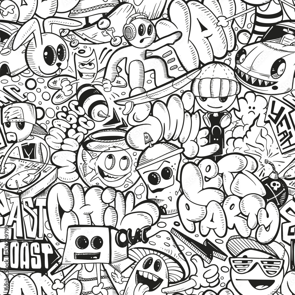 Vector graffiti illustration, seamless pattern. T-shirt design, textile, banner