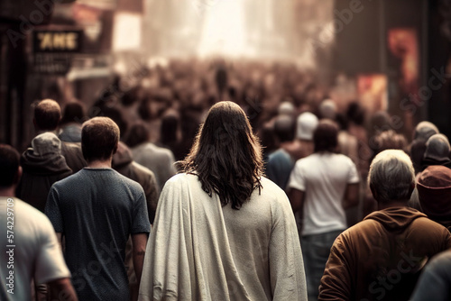 Jesus walking in a modern city with back view among the crowds. Generative AI illustration