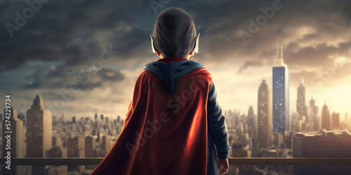 Boy in a hero suit looking at the city. Generative AI illustration