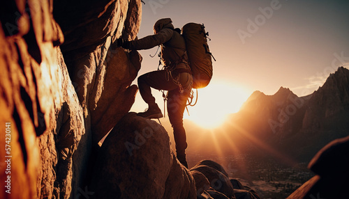 A climber climbs a mountain against a sunset backdrop