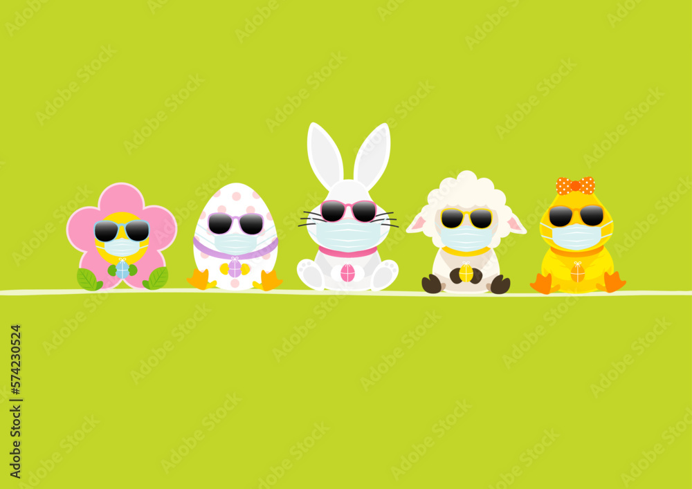 Fototapeta premium Karte Weißer Osterhase & Freunde Mit Ente Maske Sonnenbrille Grün