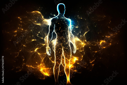 generative ai illustration of Astral body silhouette with abstract space background. light reflexes flood the body, generative ai