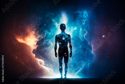 generative ai illustration of Astral body silhouette with abstract space background. light reflexes flood the body, generative ai © epiximages