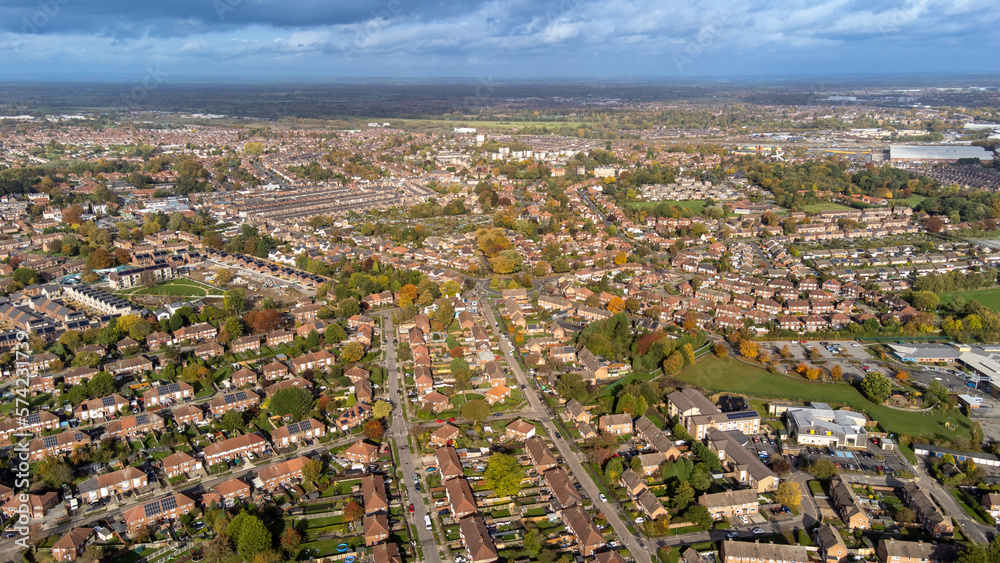 Aerial photo of the the town of Woodthorpe, it's a suburb in the south west of the city of York, North Yorkshire, England showing an aerial view of residential housing estates in the town.