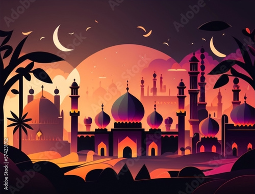 Ramadan illustration with beautiful mosque in the night with soft color