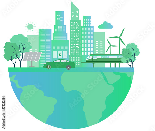 Green energy concept, CO2 carbon emissions reduction and ecology environmental with solar panel, wind turbines,  EV car , earth day  on png background