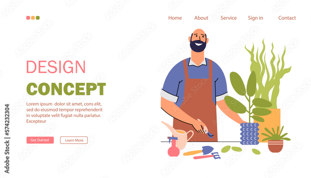 Landing page for a website about growing plants, gardening, urban jungle. A happy man takes care of potted plants at home. Gardening or horticulture. Flat style, vector.