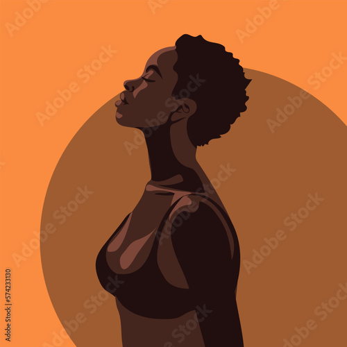 Modern sporty African woman in profile with an open body. A curly-haired African-American woman looks away on an orange background. Vector illustration of a beautiful strong woman.