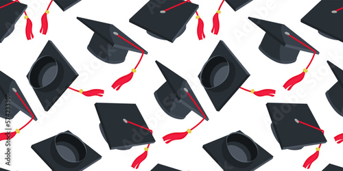 The pattern of academic hats in different angles. High school or college graduation. Class 2023 in black and red. Congratulations to the graduates of 2023 with a background postcard. Packaging