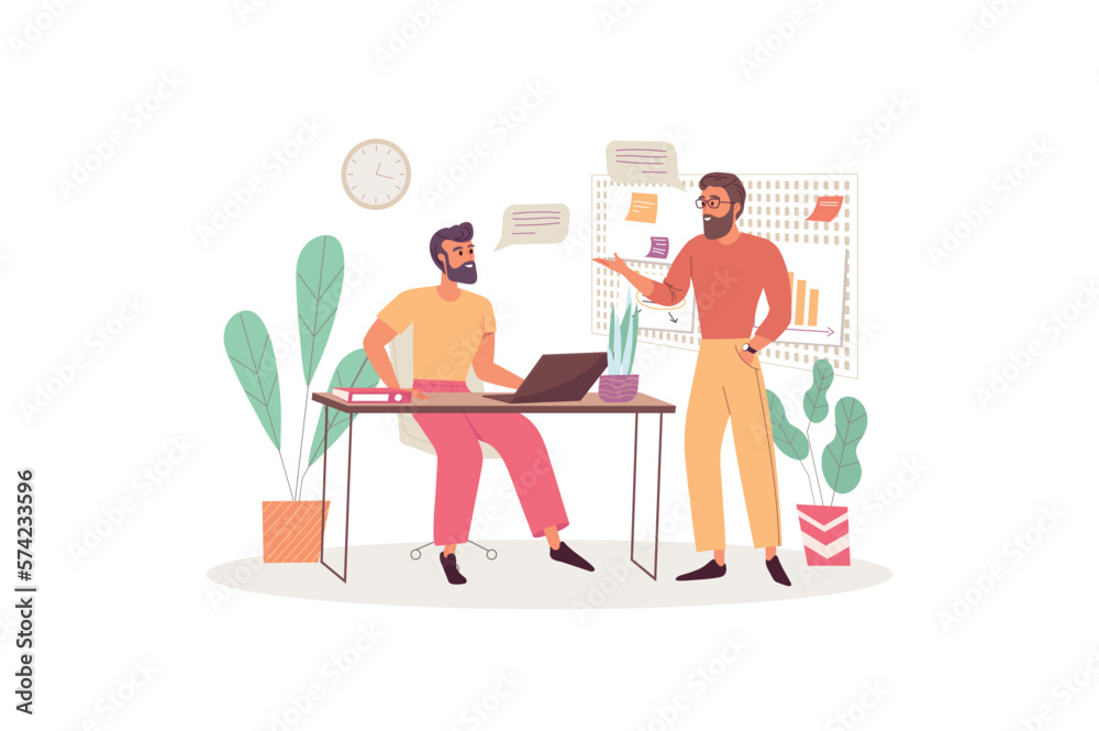 Concept leadership with people scene in the flat cartoon style. Manager gives instructions to the new employee and explains the rules of behavior in the company. Vector illustration.