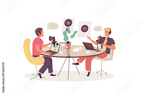 Recording audio podcast concept with people scene in the flat cartoon style. Radio host records a podcast in the studio with a famous person. Vector illustration.