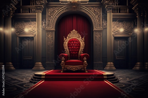 Fototapeta Red carpet leading to a king thrones inside of the palace castle generative ai