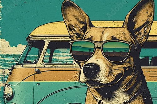 Cool old vintage look of a dog wearing sunglasses and vintage car in the background