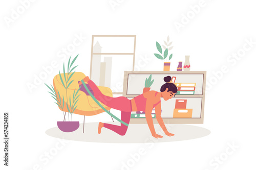 Fitness at home concept with people scene in the flat cartoon style. Girl does fitness at home to keep her body in good condition. Vector illustration.