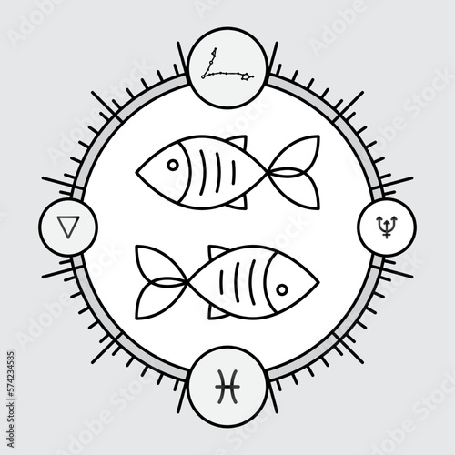 PISCES zodiac horoscope astrology label with element, planet icon glyph. Thin line sign symbol art design vector illustration