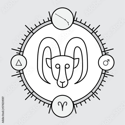 ARIES zodiac horoscope astrology label with element, planet icon glyph. Thin line sign symbol art design vector illustration