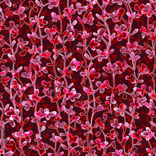 Cute red twigs with leaves. Botanical pattern. Seamless background.