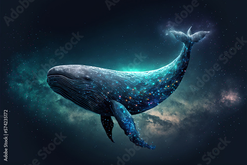 whale is flying in space among the stars. concept of a fantastic dream in sleep. Generative AI