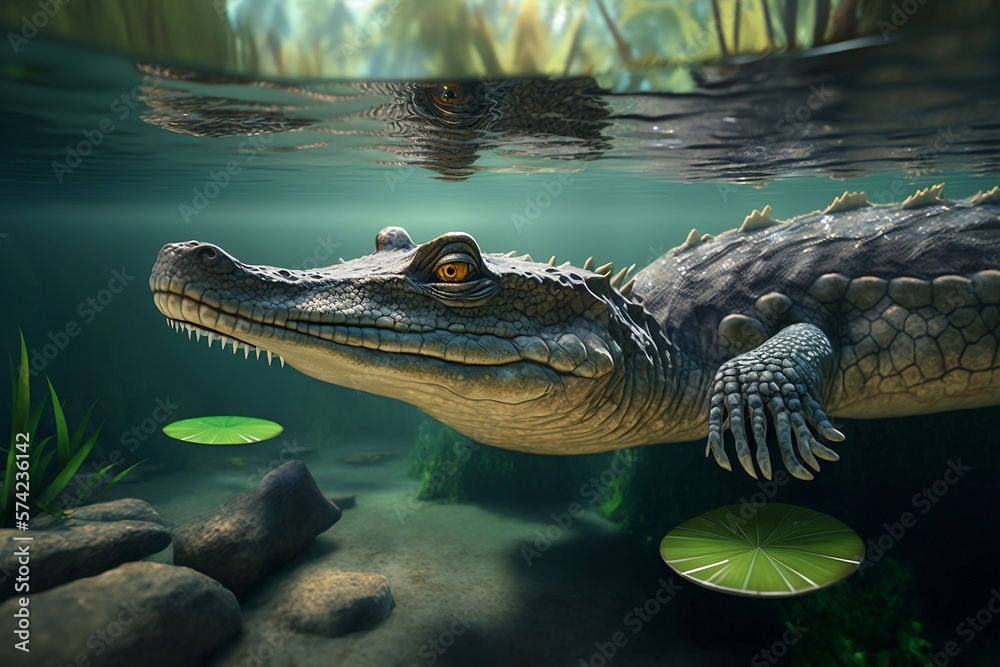 Fototapeta premium 3d crocodile, generative ai, in nature