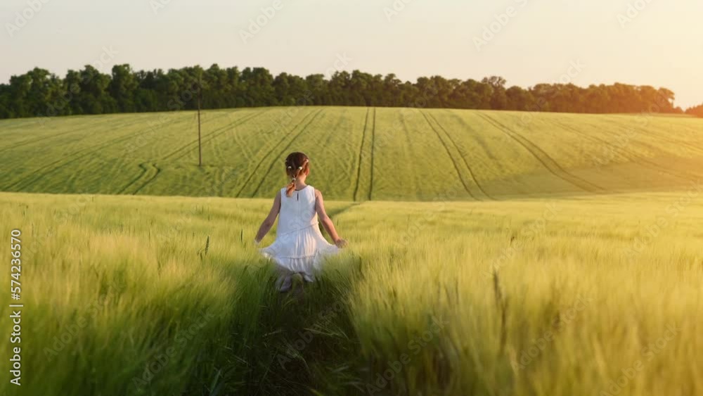 Rear view. Cute happy little girls running on the field with wheat. Majestic landscape with sunshine.. Rear view. Cute happy little girls running on the field with wheat. Majestic landscape with sunshine..