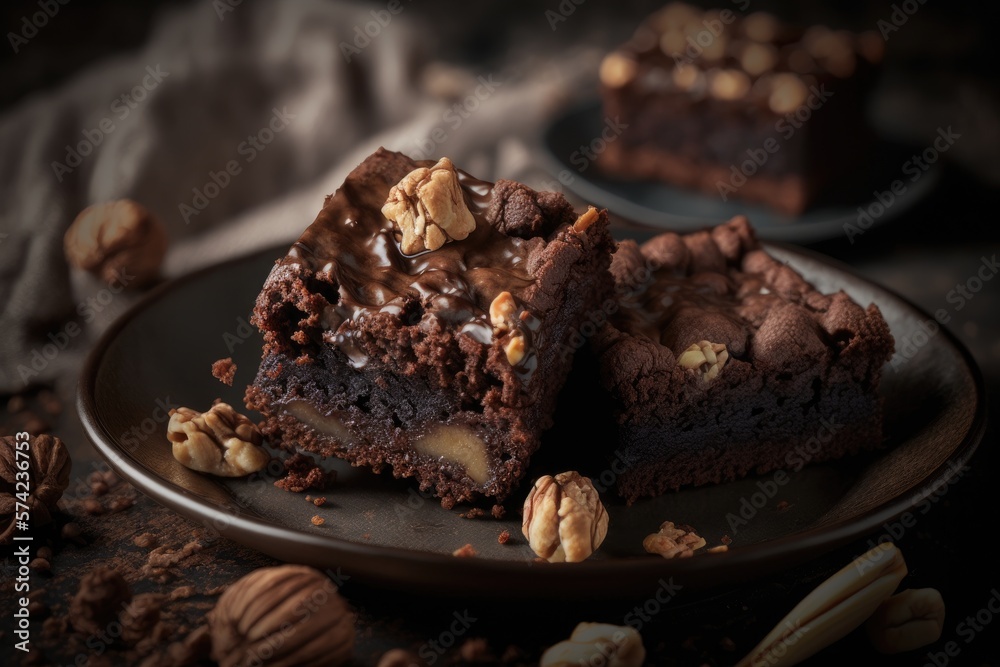 A plate of warm, moist brownies stuffed with walnuts and chocolate. A plate of warm, moist brownies stuffed with walnuts and chocolate.