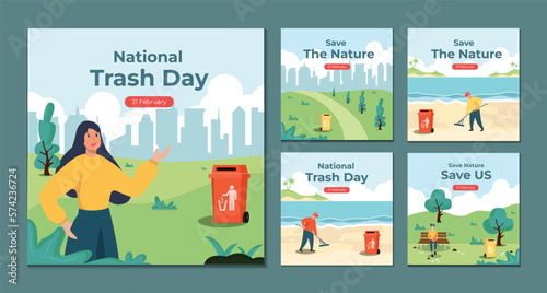 set of icons with the concept of People cleaning garbage in the park on World Environment Day. Save the Earth. illustration on a gray background.