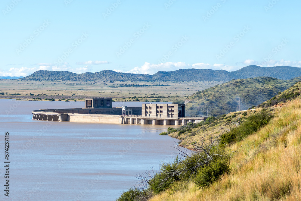 The largest dam in South Africa, the Gariep Dam, overflowing Stock