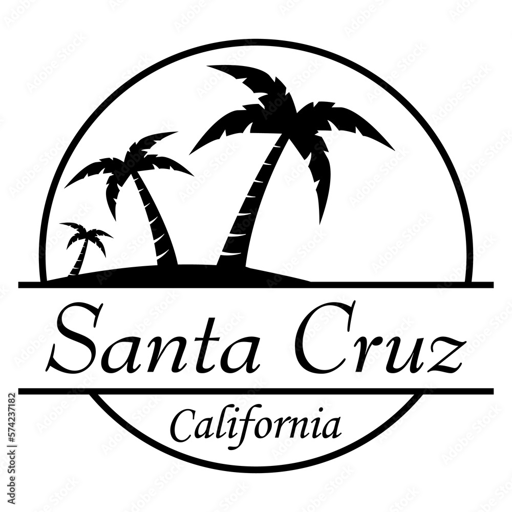 Destino de vacaciones. Logo aislado con texto manuscrito Santa Cruz California con silueta de playa con palmeras en círculo lineal