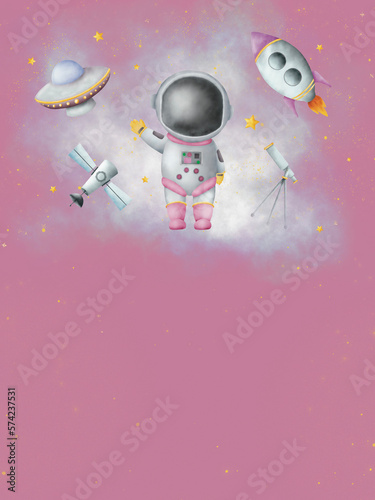 Watercolor paper illustration of space girl Astronaut on pink background. Idea for icons, wallpaper, children’s art, books, cartoon, background, banner, poster, magazine, details decoration, birthday
